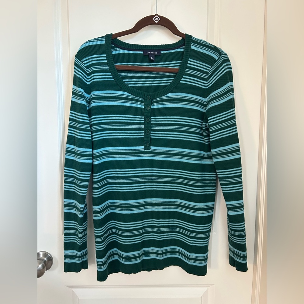 Lands' End Green and Blue Striped Sweater